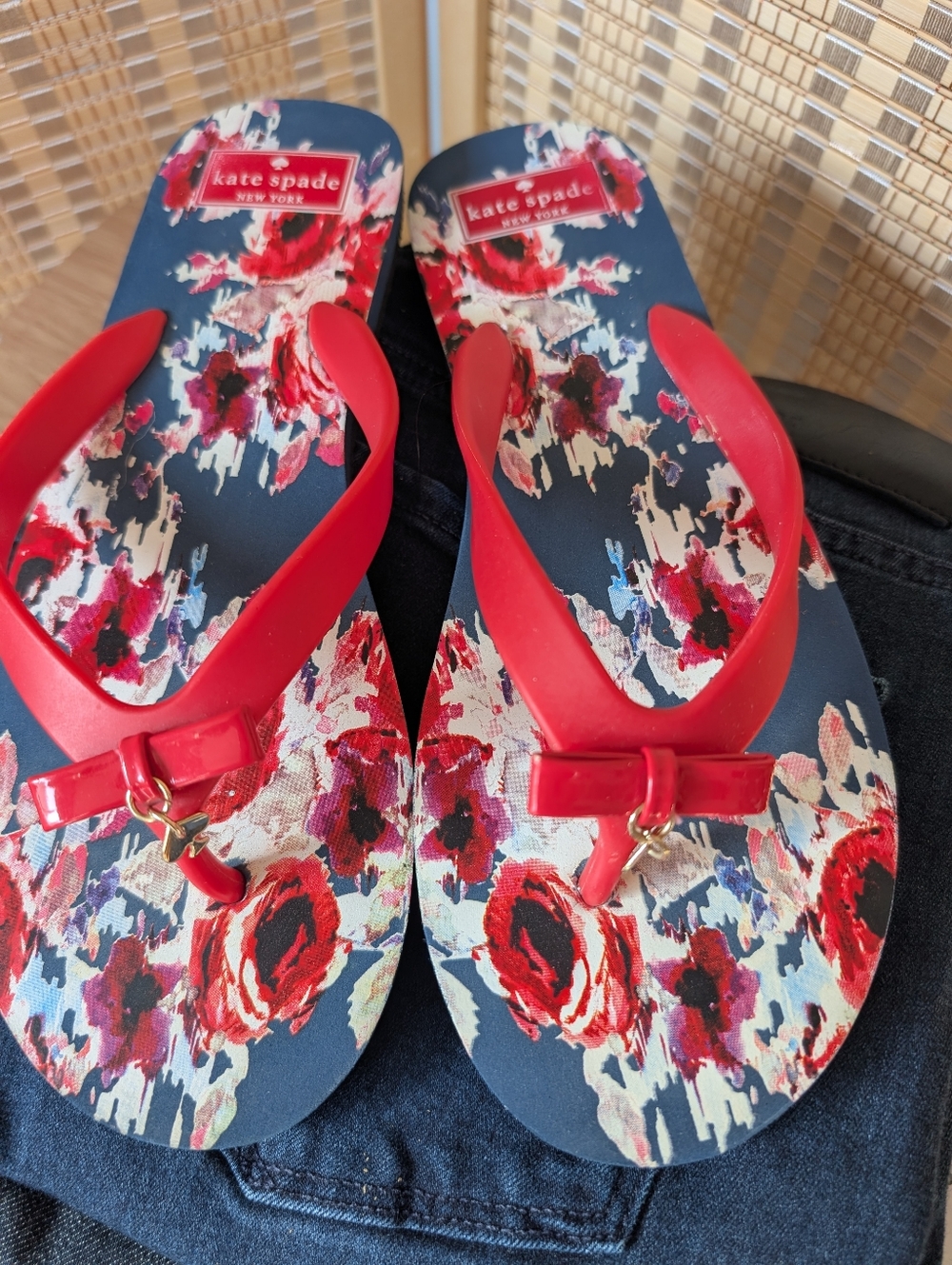 kate spade Navy Floral Flip Flops with Red Straps and Pink Accents - Picture 5 of 6
